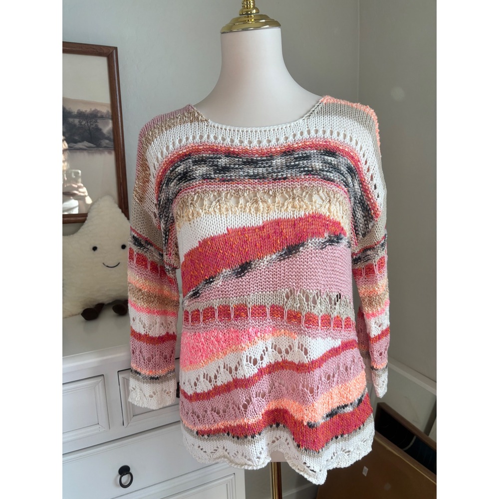 Boho Crochet Knit Sweater Multi Color Striped Pointelle Open Weave Pullover M